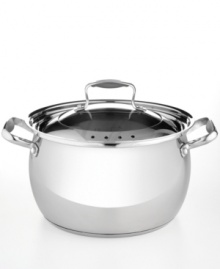 Simple, one-step straining. This pot's beautiful bell-shaped body, made of durable stainless steel, enhances heat and moisture circulation for extraordinary results. When ready to serve, simply tip and drain through the handy holes built into the locking lid. Limited lifetime warranty. Simple, one-step straining. This pot's beautiful bell-shaped body, made of durable stainless steel, enhances heat and moisture circulation for extraordinary results. When ready to serve, simply tip and drain through the handy holes built into the locking lid. Limited lifetime warranty.