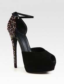 A multicolored crystal-coated heel defines this platform silhouette of ultra-fine suede. Suede and crystal-covered heel, 5¾ (145mm)Hidden wooden platform, 1½ (40mm)Compares to a 4¼ heel (110mm)Suede upperAdjustable ankle strapLeather lining and solePadded insoleMade in Italy A multicolored crystal-coated heel defines this platform silhouette of ultra-fine suede. Suede and crystal-covered heel, 5¾ (145mm)Hidden wooden platform, 1½ (40mm)Compares to a 4¼ heel (110mm)Suede upperAdjustable ankle strapLeather lining and solePadded insoleMade in Italy