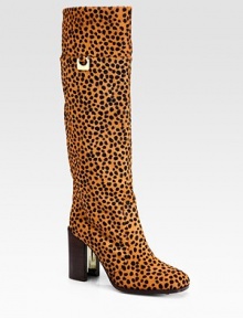 Leopard-print calf hair in a knee-high silhouette with goldtone buckle hardware and a partially lacquered heel. Stacked, lacquered heel, 3½ (90mm)Shaft, 16Leg circumference, 14Leopard-print calf hair upperLeather liningLeather and rubber solePadded insoleImportedOUR FIT MODEL RECOMMENDS ordering one half size up as this style runs small. Leopard-print calf hair in a knee-high silhouette with goldtone buckle hardware and a partially lacquered heel. Stacked, lacquered heel, 3½ (90mm)Shaft, 16Leg circumference, 14Leopard-print calf hair upperLeather liningLeather and rubber solePadded insoleImportedOUR FIT MODEL RECOMMENDS ordering one half size up as this style runs small.