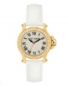 You were made for the spotlight. Let it be known with this glittering watch by Betsey Johnson. White croc-embossed leather strap and round gold tone stainless steel case. Bezel embellished with crystal accents. Crystal pave dial features black Roman numerals, black hour and minute hands, signature fuchsia second hand and logo. Quartz movement. Water resistant to 30 meters. Two-year limited warranty.