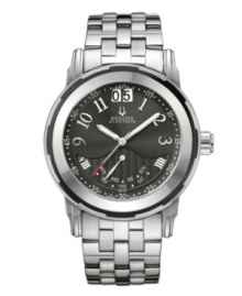 A unique take on essential functions defines this Exeter collection watch by Bulova Accutron. Stainless steel bracelet and round case with sapphire crystal. Black dial features silver tone numerals at markers, minute track, date window at twelve o'clock, day window at six o'clock, luminous hands and logo. Swiss quartz movement. Water resistant to 50 meters. Five-year limited warranty. A unique take on essential functions defines this Exeter collection watch by Bulova Accutron. Stainless steel bracelet and round case with sapphire crystal. Black dial features silver tone numerals at markers, minute track, date window at twelve o'clock, day window at six o'clock, luminous hands and logo. Swiss quartz movement. Water resistant to 50 meters. Five-year limited warranty.