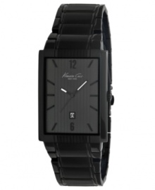 Superhero style from Kenneth Cole New York. Sleek watch crafted of black ion-plated stainless steel bracelet and rectangular case. Black dial with vertically-striped texture features applied numerals at twelve and six o'clock, stick indices, date window at six o'clock, three hands and logo. Quartz movement. Water resistant to 30 meters. Limited lifetime warranty. Superhero style from Kenneth Cole New York. Sleek watch crafted of black ion-plated stainless steel bracelet and rectangular case. Black dial with vertically-striped texture features applied numerals at twelve and six o'clock, stick indices, date window at six o'clock, three hands and logo. Quartz movement. Water resistant to 30 meters. Limited lifetime warranty.