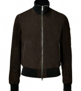 A luxe way to wear this sporty silhouette, Burberry Brits suede blouson jacket is a sleek choice perfect for dressing up daytime looks - Stand-up collar, long sleeves with pocket detail, fitted cuffs and hemline, fine ribbed trim, metal two-way front zip, zippered slit pockets - Fitted - Team with cashmere scarves, tailored trousers and leather boots