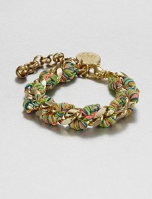 A radiant link chain wrapped with multi-colored thread for a truly unique and colorful style. Polyester threadGoldtone brassLength, about 6Lobster clasp closureMade in USA A radiant link chain wrapped with multi-colored thread for a truly unique and colorful style. Polyester threadGoldtone brassLength, about 6Lobster clasp closureMade in USA