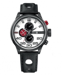 Edgy design and precise time. Watch by Tommy Hilfiger crafted of black cut-out leather strap and round black ion-plated stainless steel case. Layered white dial features applied stick indices, minute track, date window at three o'clock, three multifunctional subdials, luminous hands, logo and red accents. Quartz movement. Water resistant to 50 meters. Ten-year limited warranty. Edgy design and precise time. Watch by Tommy Hilfiger crafted of black cut-out leather strap and round black ion-plated stainless steel case. Layered white dial features applied stick indices, minute track, date window at three o'clock, three multifunctional subdials, luminous hands, logo and red accents. Quartz movement. Water resistant to 50 meters. Ten-year limited warranty.
