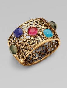 This colorful piece features resin cabochons and rhinestone details set on a delicate filigree design. Resin stonesGlass stonesBrass and pewterDiameter, about 2½Hinged magnetic closureMade in USA This colorful piece features resin cabochons and rhinestone details set on a delicate filigree design. Resin stonesGlass stonesBrass and pewterDiameter, about 2½Hinged magnetic closureMade in USA