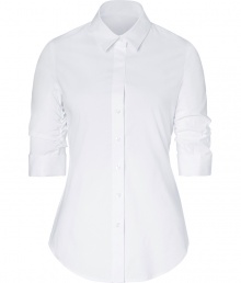 Both classic and cool with a flattering modern tailored fit, Steffen Schrauts white smoke sleeve shirt is a chic choice packed with wearing possibilities - Classic collar, ruched 3/4 sleeves with stitched cuffs, button-down front, shirttail hemline - Tailored fit - Wear with bright flats, slim-fit separates and a carryall tote to work Both classic and cool with a flattering modern tailored fit, Steffen Schrauts white smoke sleeve shirt is a chic choice packed with wearing possibilities - Classic collar, ruched 3/4 sleeves with stitched cuffs, button-down front, shirttail hemline - Tailored fit - Wear with bright flats, slim-fit separates and a carryall tote to work