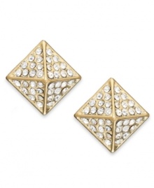 A glamorous geometry lesson. These pyramid-shaped stud earrings from Bar III are crafted from gold-tone mixed metal with glass accents offering luster. Approximate diameter: 1/2 inch. A glamorous geometry lesson. These pyramid-shaped stud earrings from Bar III are crafted from gold-tone mixed metal with glass accents offering luster. Approximate diameter: 1/2 inch.