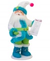 All is bright. See a whole new side of Santa, sporting a blue fur-lined coat and boots with neon green accessories. He also has the all-important gift list and unmistakable whimsy of Annalee dolls.