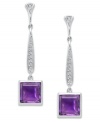 An elegant accent piece in your favorite hue. These stunning long drop earrings feature square-cut amethyst (6-3/4 ct. t.w.) and a row of round-cut diamonds (1/6 ct. t.w.). Set in sterling silver. Approximate drop: 1-1/4 inches.