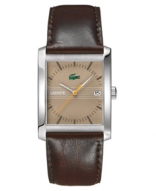 Redefine your style with this sleek, antiqued watch by Lacoste. Black textured leather strap and stainless steel rectangular case. Brown dial dial features logo, date window and stick indices. Quartz movement. Water resistant to 30 meters. Two-year limited warranty. Redefine your style with this sleek, antiqued watch by Lacoste. Black textured leather strap and stainless steel rectangular case. Brown dial dial features logo, date window and stick indices. Quartz movement. Water resistant to 30 meters. Two-year limited warranty.