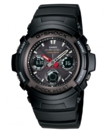 Sporty, yet sophisticated, this masculine watch from G-Shock is just right for every occasion. Black resin strap. Black stainless steel round case and round brown dial with logo, world time, alarm, timer, stopwatch, calendar, LED light with afterglow and stick indices. Solar powered. Quartz movment. Water resistant to 200 meters. One-year limited warranty. Sporty, yet sophisticated, this masculine watch from G-Shock is just right for every occasion. Black resin strap. Black stainless steel round case and round brown dial with logo, world time, alarm, timer, stopwatch, calendar, LED light with afterglow and stick indices. Solar powered. Quartz movment. Water resistant to 200 meters. One-year limited warranty.