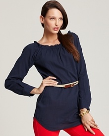A modern take on the boho staple, this MICHAEL Michael Kors peasant top features a belted waist and menswear-inspired barrel cuff details. A modern take on the boho staple, this MICHAEL Michael Kors peasant top features a belted waist and menswear-inspired barrel cuff details.