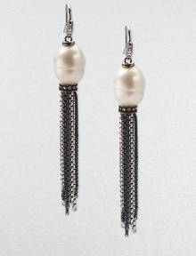 From the Midnight Pearl Collection. Lustrous South Sea pearls accompanied by dazzling diamonds with a sterling silver and blackened sterling silver, box chain tassel design. 11mm-12mm baroque South Sea pearlsDiamonds, .36 tcwSterling silver and blackened sterling silverLength, about 3Hook backImported From the Midnight Pearl Collection. Lustrous South Sea pearls accompanied by dazzling diamonds with a sterling silver and blackened sterling silver, box chain tassel design. 11mm-12mm baroque South Sea pearlsDiamonds, .36 tcwSterling silver and blackened sterling silverLength, about 3Hook backImported