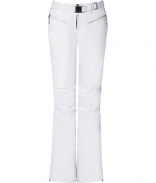 Make a chic statement on the slopes in Jet Sets bright white ski pants, finished with a flattering cut guaranteed to show off your sporty side in style - Zip fly, zippered front pockets, adjustable belt in front, straight leg with silver star circle print, flared zippered ankles, elasticized band at the ankle with silicon for hold - Fitted through the knee - Wear with figure-hugging turtlenecks and cozy shearling lined boots Make a chic statement on the slopes in Jet Sets bright white ski pants, finished with a flattering cut guaranteed to show off your sporty side in style - Zip fly, zippered front pockets, adjustable belt in front, straight leg with silver star circle print, flared zippered ankles, elasticized band at the ankle with silicon for hold - Fitted through the knee - Wear with figure-hugging turtlenecks and cozy shearling lined boots