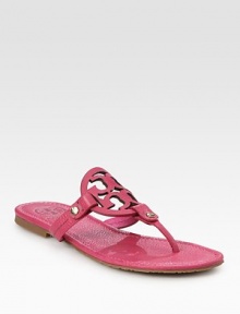 Pebbled leather thong with classic oversized logo detail. Pebbled leather upperLeather liningRubber solePadded insoleImportedOUR FIT MODEL RECOMMENDS ordering one half size down as this style runs large. Pebbled leather thong with classic oversized logo detail. Pebbled leather upperLeather liningRubber solePadded insoleImportedOUR FIT MODEL RECOMMENDS ordering one half size down as this style runs large.