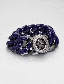 A glossy, plastic chain link style with a chic, logo engraved turnlock closure. AcrylicHematite-plated zincLength, about 8Turnlock closureImported A glossy, plastic chain link style with a chic, logo engraved turnlock closure. AcrylicHematite-plated zincLength, about 8Turnlock closureImported