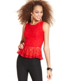 Featuring a diamond-shape back cutout and fanciful lace, this peplum top from XOXO is designed for festive occasions! Featuring a diamond-shape back cutout and fanciful lace, this peplum top from XOXO is designed for festive occasions!