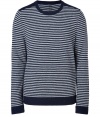 Finish your look on a timeless-modern note with Rag & Bones cool striped pullover - Crew neckline, long sleeves, navy ribbed trim - Contemporary slim fit - Wear with tees and jeans, or over button-downs and slim cut trousers