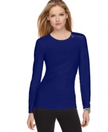 MICHAEL Michael Kors adds a logo zipper to the left shoulder of this top for a shot of luxe. MICHAEL Michael Kors adds a logo zipper to the left shoulder of this top for a shot of luxe.