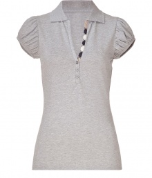 A feminine choice with its deep V-neckline and sweet puffed short sleeves, Burberry Brits polo shirt is a stylish way to dress up your basics - Spread collar, V-neckline, puffed short sleeves, partial button placket with characteristic check trim - Form-fitting - Channel preppy style and wear with jeans and bright loafers A feminine choice with its deep V-neckline and sweet puffed short sleeves, Burberry Brits polo shirt is a stylish way to dress up your basics - Spread collar, V-neckline, puffed short sleeves, partial button placket with characteristic check trim - Form-fitting - Channel preppy style and wear with jeans and bright loafers