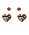 Earn your stripes. Zebra-print heart stud earrings are complemented by pretty pink crystal studs in Betsey Johnson's stylish set of earrings. Made in antique gold tone mixed metal, they come in a signature gift box. Approximate drop: 2/10 inch (crystal studs), 1/2 inch (heart studs).