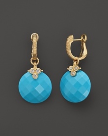 Round turquoise stones and diamond accents adorn these 18K gold earrings from Judith Ripka. Round turquoise stones and diamond accents adorn these 18K gold earrings from Judith Ripka.