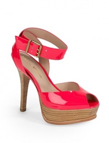 THE LOOKPeep toeCrisscross adjustable ankle strapPadded insoleStacked heel, 5 (125mm)Stacked platform, 1 (25mm)Compares to a 4 heel (100mm)THE MATERIALPatent leather upperLeather lining and soleORIGINImported THE LOOKPeep toeCrisscross adjustable ankle strapPadded insoleStacked heel, 5 (125mm)Stacked platform, 1 (25mm)Compares to a 4 heel (100mm)THE MATERIALPatent leather upperLeather lining and soleORIGINImported