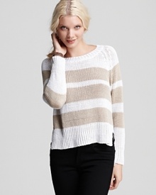 An versatile layer for your getaway wardrobe, this lightweight striped 525 America sweater is designed with a high/low hem and classic side vents. Team it with slim black pants or wear it over a maxi dress when the breeze sets in. An versatile layer for your getaway wardrobe, this lightweight striped 525 America sweater is designed with a high/low hem and classic side vents. Team it with slim black pants or wear it over a maxi dress when the breeze sets in.
