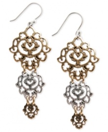 Openwork works in this pair of drop earrings from Lucky Brand. Crafted from gold- and silver-tone mixed metal, the earrings are intricately designed for a complex, yet stylish approach. Approximate drop: 2-3/8 inches. Openwork works in this pair of drop earrings from Lucky Brand. Crafted from gold- and silver-tone mixed metal, the earrings are intricately designed for a complex, yet stylish approach. Approximate drop: 2-3/8 inches.