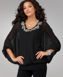 Beading and delicate chiffon create an ethereal look on Cha Cha Vente's flowing blouse. A great choice for holiday parties, too! (Clearance) Beading and delicate chiffon create an ethereal look on Cha Cha Vente's flowing blouse. A great choice for holiday parties, too! (Clearance)