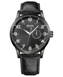 A modern black-on-black design creates an air of mystery with this handsome Hugo Boss watch. A modern black-on-black design creates an air of mystery with this handsome Hugo Boss watch.