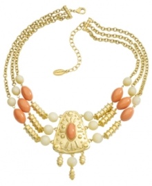 Whisk yourself away with this exotic style. T Tahari's chic statement necklace from the Marrakesh Collection features triple rows of warm gold, coral and sand resin beads with a unique triangular-shaped pendant. Base metal is nickel-free for sensitive skin. Approximate length: 17 inches + 3-inch extender. Approximate drop: 3-1/2 inches.