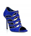 Show-stopping peep-toe heels in royal blue suede are modern and sophisticated with sexy cut-outs in a segmented design up the foot - Gold-colored trim - Height and design highlights the ankles and lengthens the leg - Short exposed zip at heel - Pair with cocktail dresses or a sexy silk jumpsuit for an electric downtown look