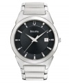 Set the standard for style with this timeless watch by Bulova. Stainless steel bracelet and round case. Textured black dial features applied silver tone stick indices, date window at three o'clock, three hands and logo. Quartz movement. Water resistant to 30 meters. Three-year limited warranty.