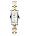 Golden touches add elegance to this versatile Linque watch by ESQ by Movado. Two-tone stainless steel bracelet and rectangular case. Mother-of-pearl dial features gold tone Roman numerals at twelve and six o'clock, two hands and logo. Swiss quartz movement. Water resistant to 30 meters. Two-year limited warranty.