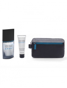 L'Eau d'Issey Pour Homme Sport celebrates its first holiday in the house of Miyake with a 3-piece gift set featuring: Eau de toilette spray, 3.3 oz.; all-over shampoo, 2.5 oz. and a sporty, limited-edition travel case, all for the price of the spray. Made in France. 