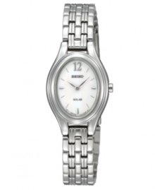 Sun worshiper: Solar power and 12-month energy storage update this fashionable Seiko watch. Stainless steel bracelet and oval case. White dial with the numeral twelve, silvertone stick indices and logo. Quick-start function and energy depletion warning. Solar quartz movement. Water resistant to 30 meters. Three-year limited warranty. Sun worshiper: Solar power and 12-month energy storage update this fashionable Seiko watch. Stainless steel bracelet and oval case. White dial with the numeral twelve, silvertone stick indices and logo. Quick-start function and energy depletion warning. Solar quartz movement. Water resistant to 30 meters. Three-year limited warranty.