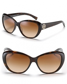 Tory Burch's sophisticated sunglasses offer classic styling with rich detailing that focuses on the iconic Tory Burch round logo. Nose tabs help to secure fit.