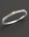 Linen bracelet with three pink crystal stations and gold accents. Designed by Judith Ripka.