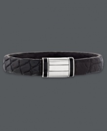 Sophisticated style for the modern man. This chic cuff bracelet features a genuine crocodile skin band accented by bold onyx and polished sterling silver. Approximate length: 8-1/2 inches. Approximate width: 3/8 inch. Sophisticated style for the modern man. This chic cuff bracelet features a genuine crocodile skin band accented by bold onyx and polished sterling silver. Approximate length: 8-1/2 inches. Approximate width: 3/8 inch.