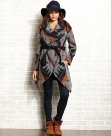 Layer-up this season in a blanket coat from American Rag that's tribal-du-jour. Features a statement-making navajo-print and an organic design of folds and divides. Layer-up this season in a blanket coat from American Rag that's tribal-du-jour. Features a statement-making navajo-print and an organic design of folds and divides.