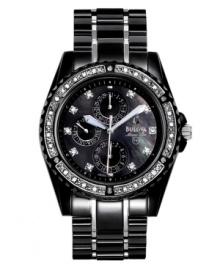 A new night light. Two-tone stainless steel and black ion-plated case and bracelet. Mother of pearl dial with 34 diamond accents, logo and three subdials. Three-hand movement. Water resistant to 100 meters. Three-year limited warranty. A new night light. Two-tone stainless steel and black ion-plated case and bracelet. Mother of pearl dial with 34 diamond accents, logo and three subdials. Three-hand movement. Water resistant to 100 meters. Three-year limited warranty.