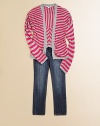 Brilliant, contrasting stripes brighten up an open-front cardigan for warmth and style.Waterfall frontLong sleevesPull-on styleRayonMachine washImported