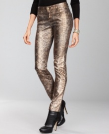 Get glowing this season in the hottest pair of jeans around! INC's skinnies mix metallic with sexy snakeskin print. Get glowing this season in the hottest pair of jeans around! INC's skinnies mix metallic with sexy snakeskin print.