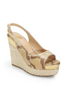 THE LOOKPeep toeSnakeskin-embossed leather upperAdjustable slingback strapPadded insoleCork and espadrille wedge, 4¼(110mm)Cork and espadrille platform, 1¾(45mm)Compares to a 2½ heel(65mm)THE MATERIALSnakeskin-embossed leather upperLeather liningRubber soleORIGINImported THE LOOKPeep toeSnakeskin-embossed leather upperAdjustable slingback strapPadded insoleCork and espadrille wedge, 4¼(110mm)Cork and espadrille platform, 1¾(45mm)Compares to a 2½ heel(65mm)THE MATERIALSnakeskin-embossed leather upperLeather liningRubber soleORIGINImported
