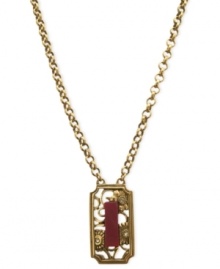 Paint the town red with this pendant necklace from T Tahari. The necklace, part of the Deco Lace Collection, is crafted from gold-tone mixed metal with the pendant featuring a Bordeaux-colored stone for a vibrant touch. Glass crystals add luster. Approximate length: 18 inches + 3-inch extender. Approximate drop: 1-1/2 inches. Paint the town red with this pendant necklace from T Tahari. The necklace, part of the Deco Lace Collection, is crafted from gold-tone mixed metal with the pendant featuring a Bordeaux-colored stone for a vibrant touch. Glass crystals add luster. Approximate length: 18 inches + 3-inch extender. Approximate drop: 1-1/2 inches.