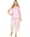 Cuddle up to this soft cotton set with cute capri print pants. A matching tee with henley neckline perfectly completes this look.