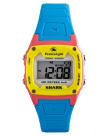 It was cool back then and it's still in style now. This hot unisex Freestyle watch features a blue polyurethane strap and pink & yellow square plastic case. Digital dial with time, day, date, night vision backlight, stop watch and two alarms. Digital movement. Water resistant to 100 meters. Limited lifetime warranty.