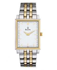 A classic design with the unparalleled sophistication of Bulova. Watch crafted of two-tone stainless steel bracelet and rectangular case. White dial features gold tone stick indices, black minute track, two gold tone hands and logo at twelve o'clock. Quartz movement. Water resistant to 30 meters. Three-year limited warranty. A classic design with the unparalleled sophistication of Bulova. Watch crafted of two-tone stainless steel bracelet and rectangular case. White dial features gold tone stick indices, black minute track, two gold tone hands and logo at twelve o'clock. Quartz movement. Water resistant to 30 meters. Three-year limited warranty.